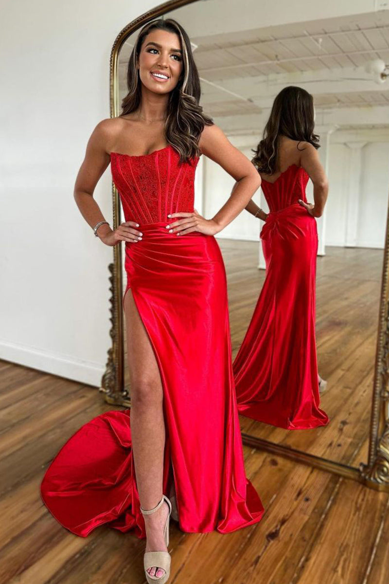 Queendancer Women Sparkly Red Satin Long Corset Formal Dress with Slit ...