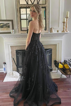 Black Corset A-Line Tulle Long Formal Dress with Lace