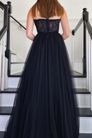 Black A-Line Corset Long Formal Dress with Slit