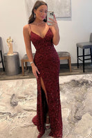 Load image into Gallery viewer, Sparkly Dark Red Sequins Long Formal Dress with Slit