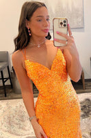 Load image into Gallery viewer, Sparkly Orange Sequins Long Formal Dress with Slit