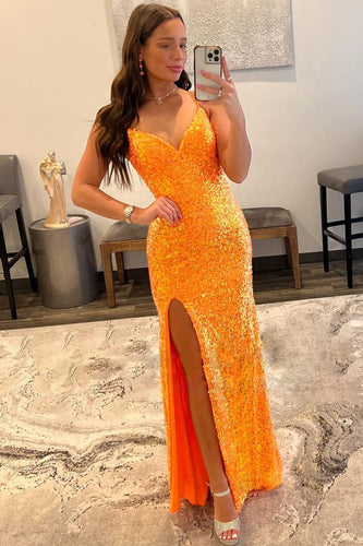 Sparkly Orange Sequins Long Formal Dress with Slit