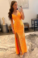 Load image into Gallery viewer, Sparkly Orange Sequins Long Formal Dress with Slit