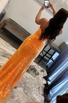 Sparkly Orange Sequins Long Formal Dress with Slit