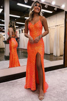 Load image into Gallery viewer, Sparkly Orange Open Back Sequins Long Formal Dress with Slit