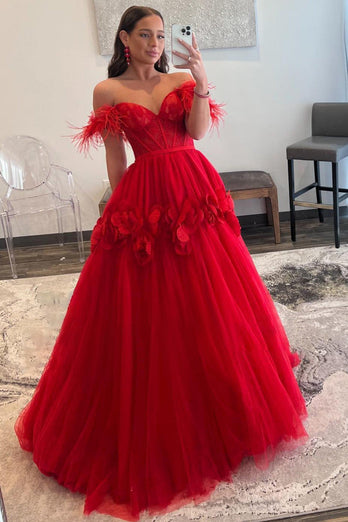 Red A-Line Corset Long Formal Dress with 3D Flowers