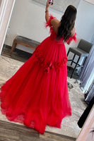 Load image into Gallery viewer, Red A-Line Corset Long Formal Dress with 3D Flowers