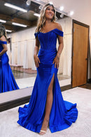 A Line Sweethaert Navy Blue Long Formal Dress with Split Front