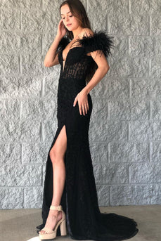 Black Mermaid Lace Long Formal Dress with Feathers