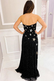 Sparkly Black Sheath Sequins Long Formal Dress with Slit