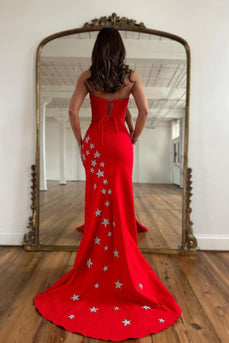 Red Strapless Mermaid Long Formal Dress with Stars