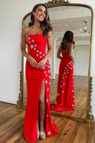 Red Strapless Mermaid Long Formal Dress with Stars