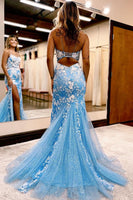 Load image into Gallery viewer, Blue Open Back Mermaid Lace Formal Dress with Slit