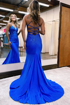 Sparkly Mermaid Royal Blue Beaded Long Formal Dress with Appliques