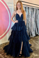 Load image into Gallery viewer, Red Tulle Spaghetti Straps Long Formal Dress