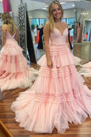 Load image into Gallery viewer, Beige Tulle Tiered Spaghetti Straps Long Formal Dress with Slit