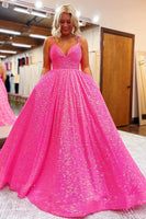 Load image into Gallery viewer, Sparkly Hot Pink Sequins A-Line Long Formal Dress