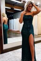 Load image into Gallery viewer, Sequins Spaghetti Straps Sheath Burgundy Formal Dress with Slit