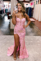 Load image into Gallery viewer, Red Spaghetti Straps Appliques Formal Dress with Slit