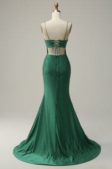 Mermaid Spaghettti Straps Dark Green Sequins Long Formal Dress with Split Front