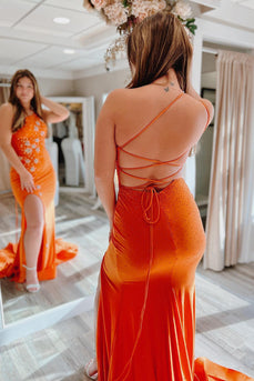 Sparkly Mermaid One Shoulder Orange Long Formal Dress with Star Appliques