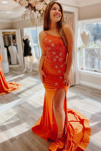 Sparkly Mermaid One Shoulder Orange Long Formal Dress with Star Appliques