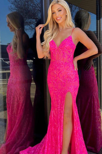 Hot Pink Spaghetti Straps Mermaid Formal Dress