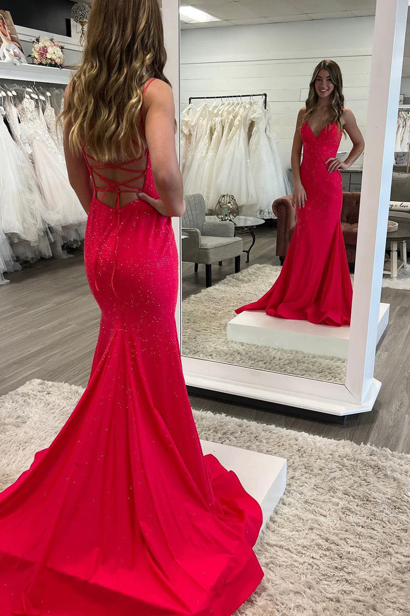 Load image into Gallery viewer, Hot Pink Sequined Spaghetti Straps Formal Dress