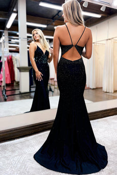 Sparkly Black Sequins Open Back Long Formal Dress