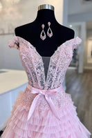 Load image into Gallery viewer, Princess A Line Off the Shoulder Light Pink Long Formal Dress with Ruffles