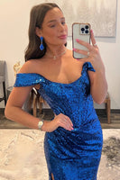 Load image into Gallery viewer, Blue Off Shoulder Mermaid Formal Dress with Slit