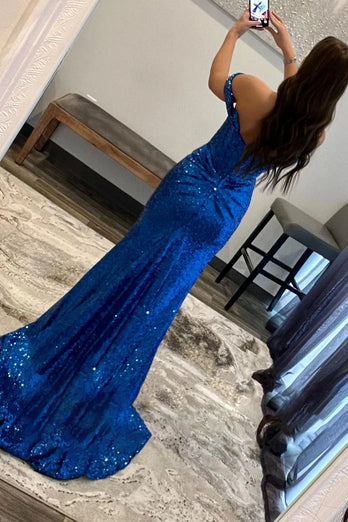 Sparkly Purple Off the Shoulder Mermaid Formal Dress with Slit