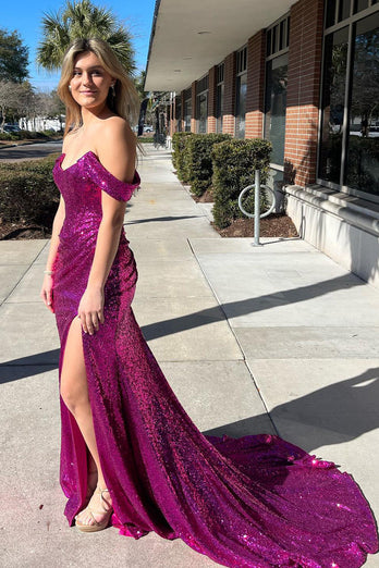 Sparkly Purple Off the Shoulder Mermaid Formal Dress with Slit