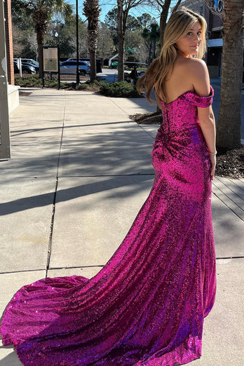 Sparkly Purple Off the Shoulder Mermaid Formal Dress with Slit