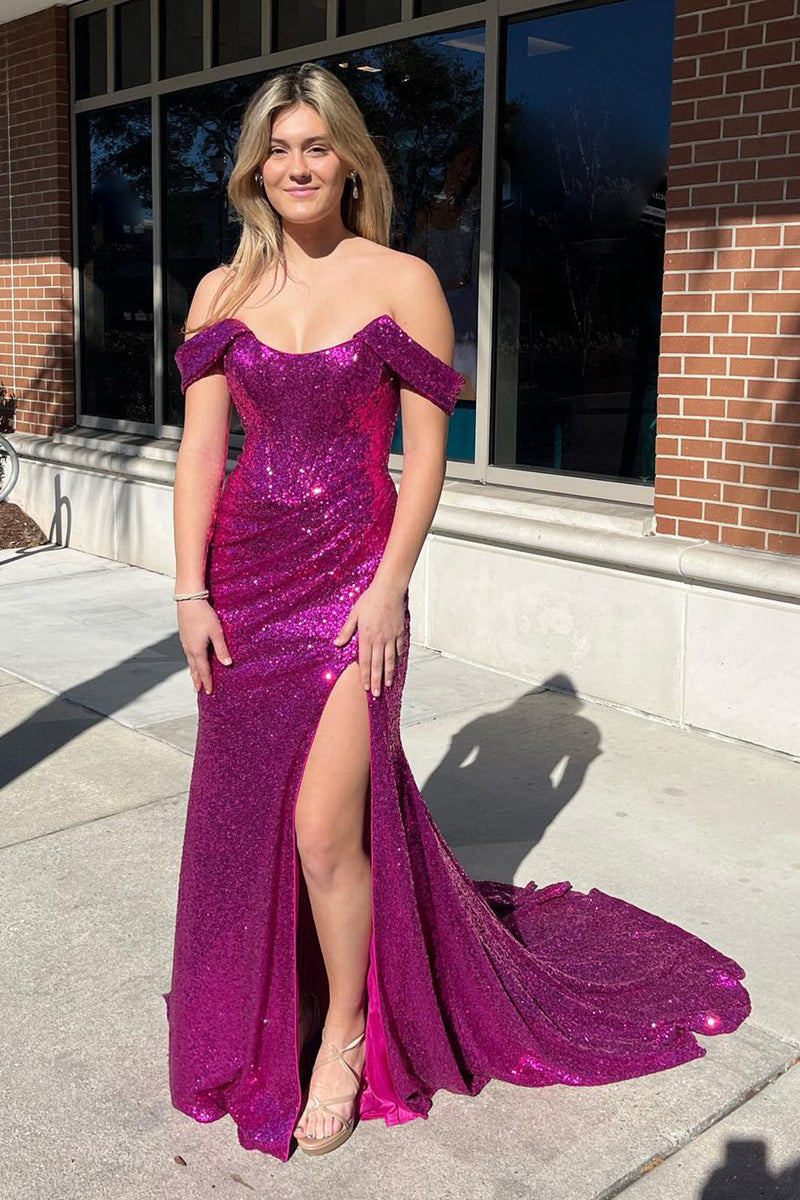 Load image into Gallery viewer, Sparkly Purple Off the Shoulder Mermaid Formal Dress with Slit