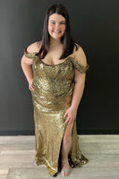 Load image into Gallery viewer, Plus Size Golden Off Shoulder Mermaid Formal Dress with Slit