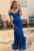 Load image into Gallery viewer, Blue Off Shoulder Mermaid Formal Dress with Slit