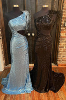 Load image into Gallery viewer, Mermaid One Shoulder Cut Out Black Sequins Long Formal Dress