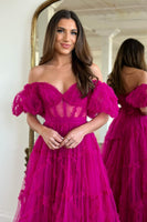 Load image into Gallery viewer, A Line Off the Shoulder Red Tulle Corset Formal Dress with Bowknot
