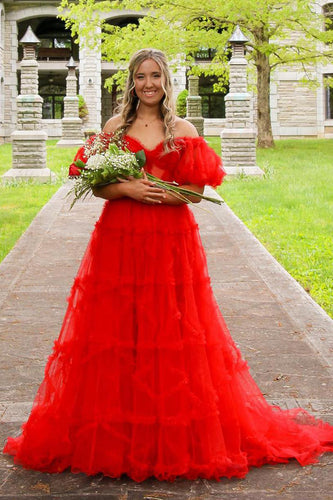 A Line Off the Shoulder Red Tulle Corset Formal Dress with Bowknot