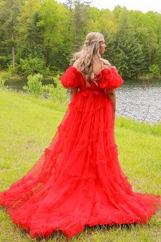 A Line Off the Shoulder Red Tulle Corset Formal Dress with Bowknot