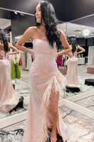 Load image into Gallery viewer, Plus Size Light Blue Sweetheart Mermaid Sequins Long Formal Dress with Feathers