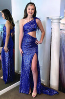 Load image into Gallery viewer, One Shoulder Purple Sparkly Mermaid Sequins Long Formal Dress with Slit