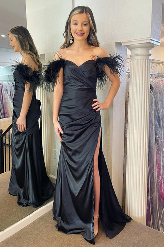 Plus Size Mermaid Black Long Formal Dress with Feathers