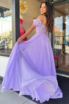 Lilac Corset A-Line Sweetheart Long Chiffon Formal Dress with Slit