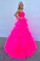 Load image into Gallery viewer, Hot Pink A-Line Tiered Tulle Long Formal Dress