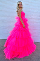 Load image into Gallery viewer, Hot Pink A-Line Tiered Tulle Long Formal Dress