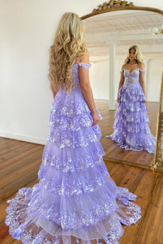 Lilac Off The Shoulder Tiered Formal Dress
