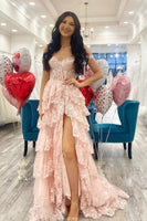 Load image into Gallery viewer, Pink Off The Shoulder Tiered Formal Dress