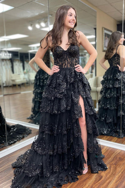 Sparkly Black Off The Shoulder Tiered Corset Formal Dress